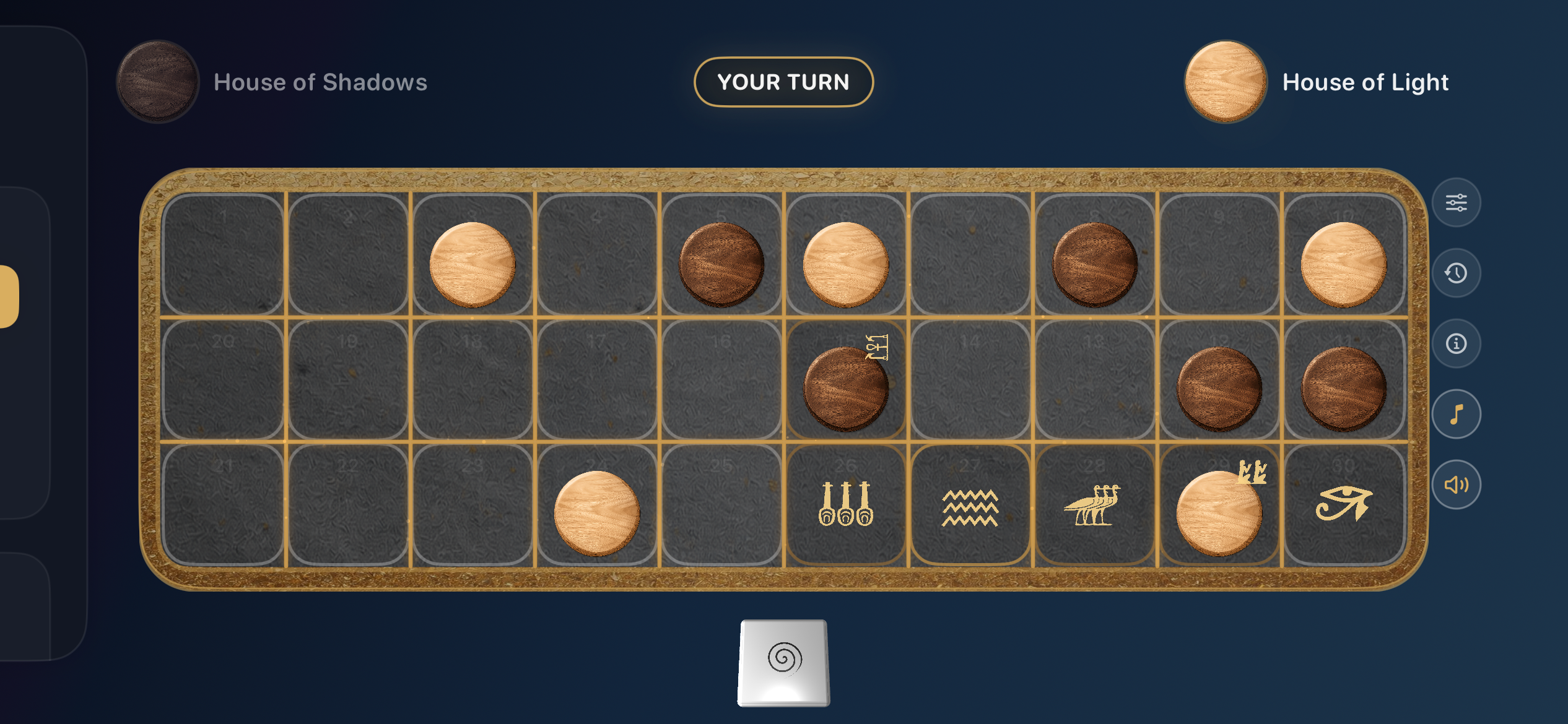 Senet Reborn in a landscape iPhone mockup: a golden board with light and dark pieces